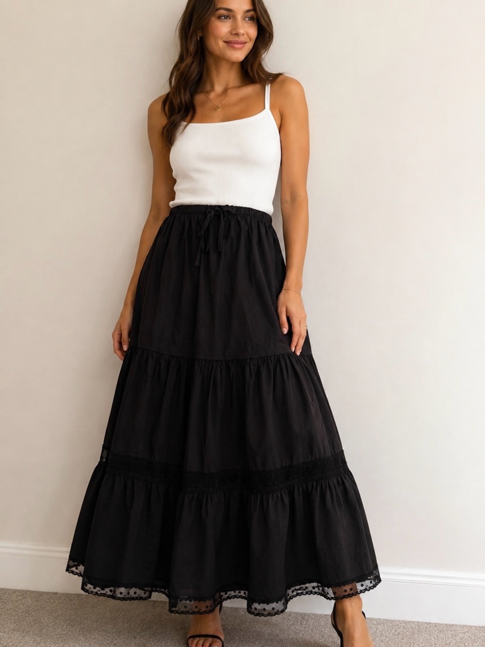 WeWoreWhat Black Tiered Maxi Skirt with Lace Hem